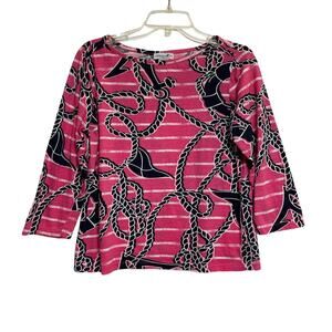 Caribbean Joe & Co. Pullover Blouse, 3/4 Sleeve, Navy/Pink/White, Nautical, M